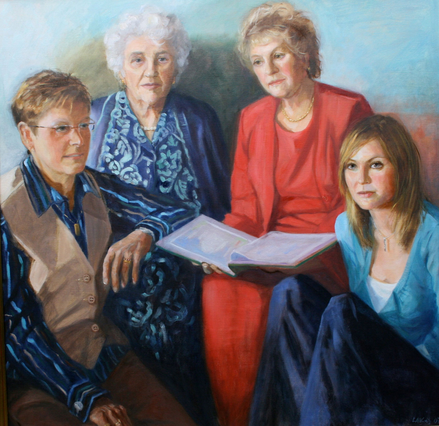an oil painting of a family group of four generations of women
