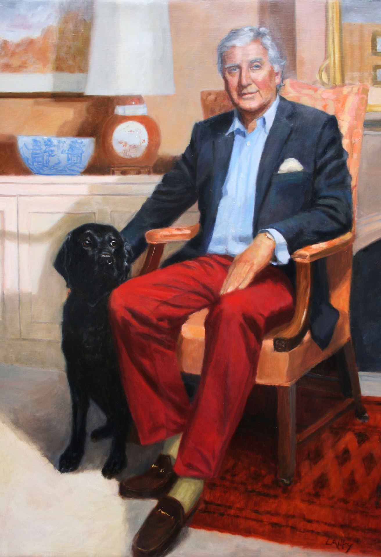 oil portrait painting of dog and owner